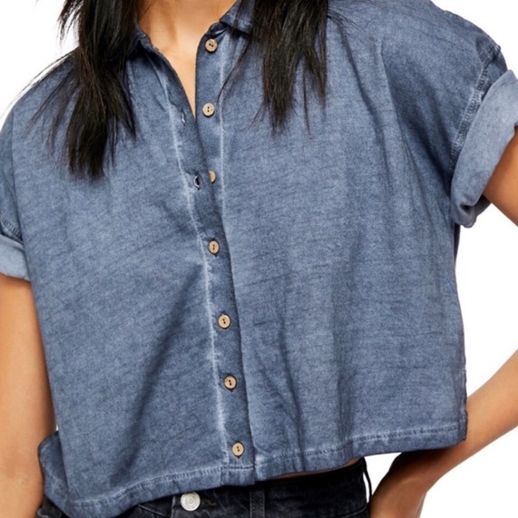 FREE PEOPLE Weekend Rush Navy Button Down Shirt - Picture 2 of 9